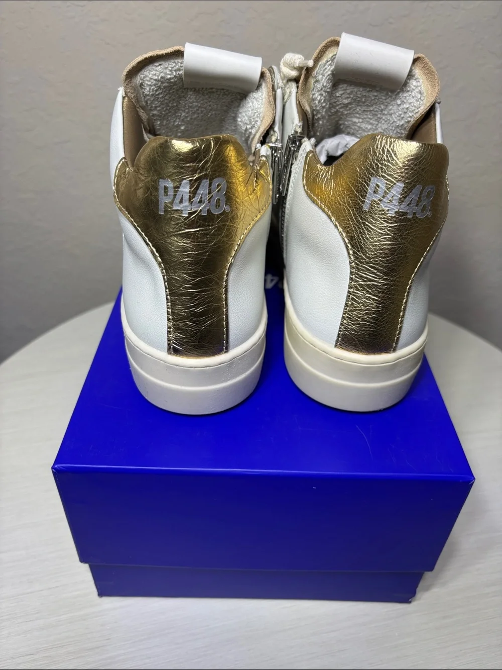 P448 Thea Mid Top Platform Sneakers White Leather Gold Glitter Millenium 40 NIB